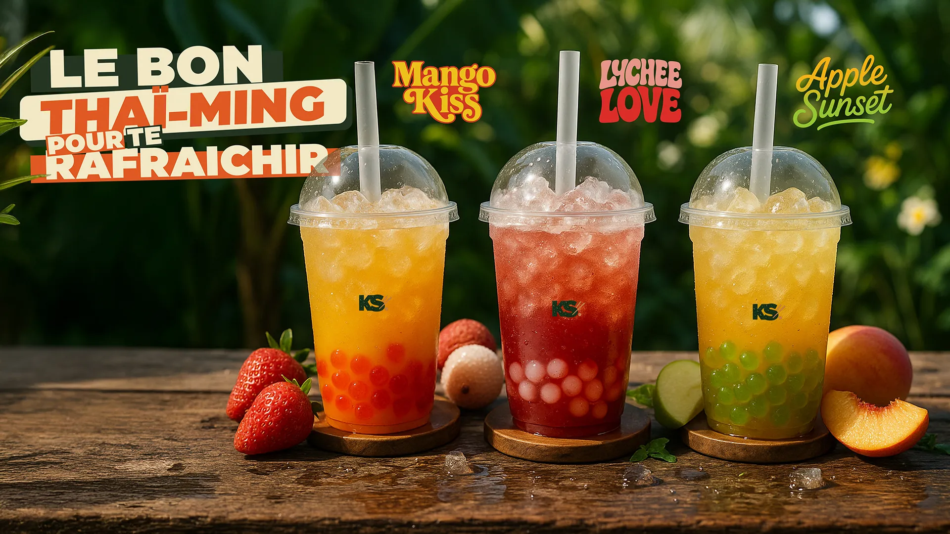 Nos bubble teas Krousty Sabaïdi — perles de tapioca, saveurs fruitées et lactées, glaçons, gobelets scellés, vue d’ensemble. - Restaurant Krousty Sabaïdi