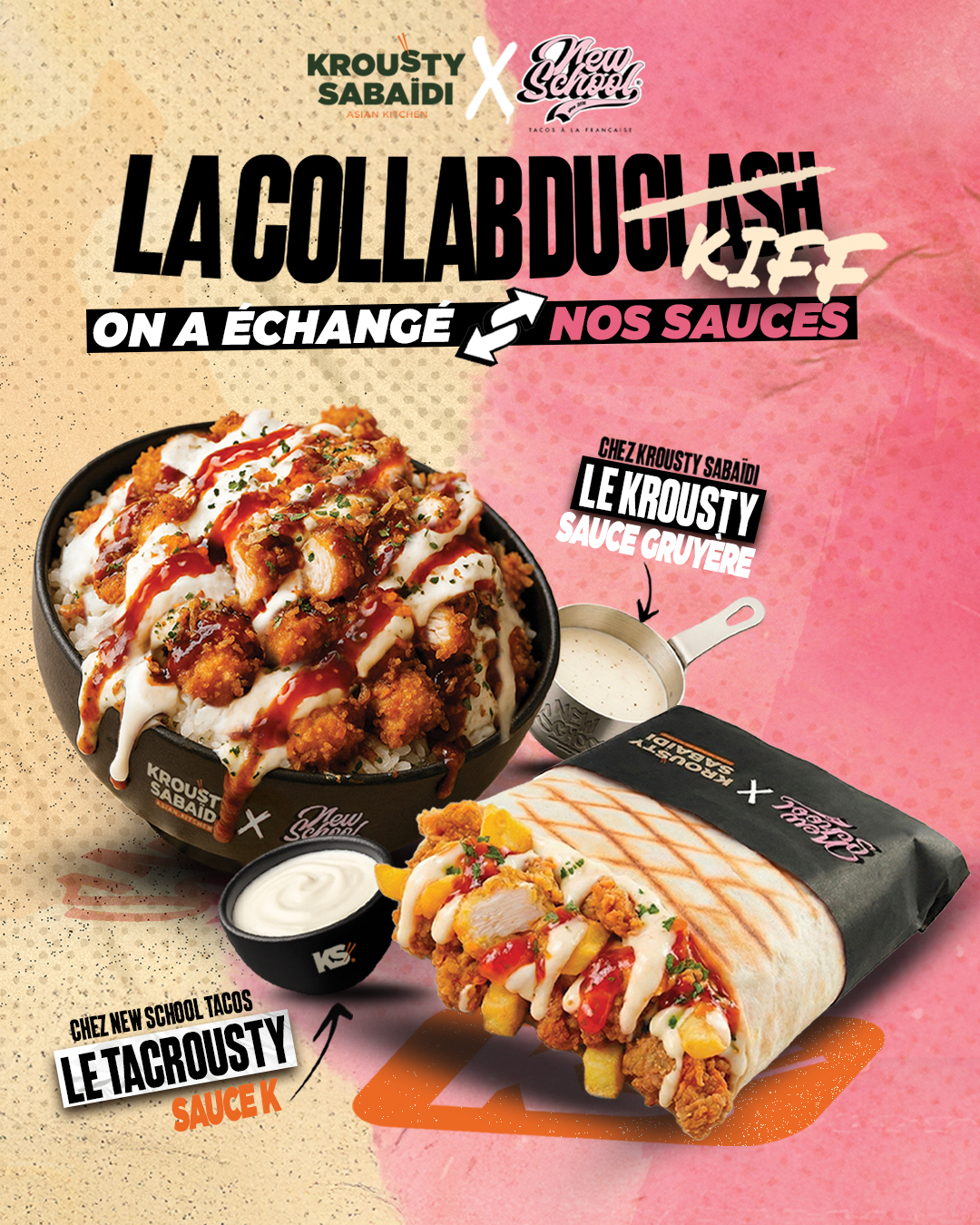 Deux recettes fusion qui révolutionnent la street food halal. Le poulet croustillant Krousty Sabaïdi rencontre les sauces signature New School Tacos.