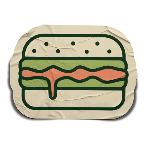 Hamburger avec salade, tomate et fromage fondu, burger fast-food illustré Krousty Sabaïdi.
