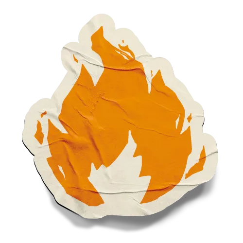 Un autocollant en forme de flamme orange vif. Le design de la flamme est simple et audacieux. L'autocollant est froissé et semble décollé à certains endroits, sur un fond transparent.