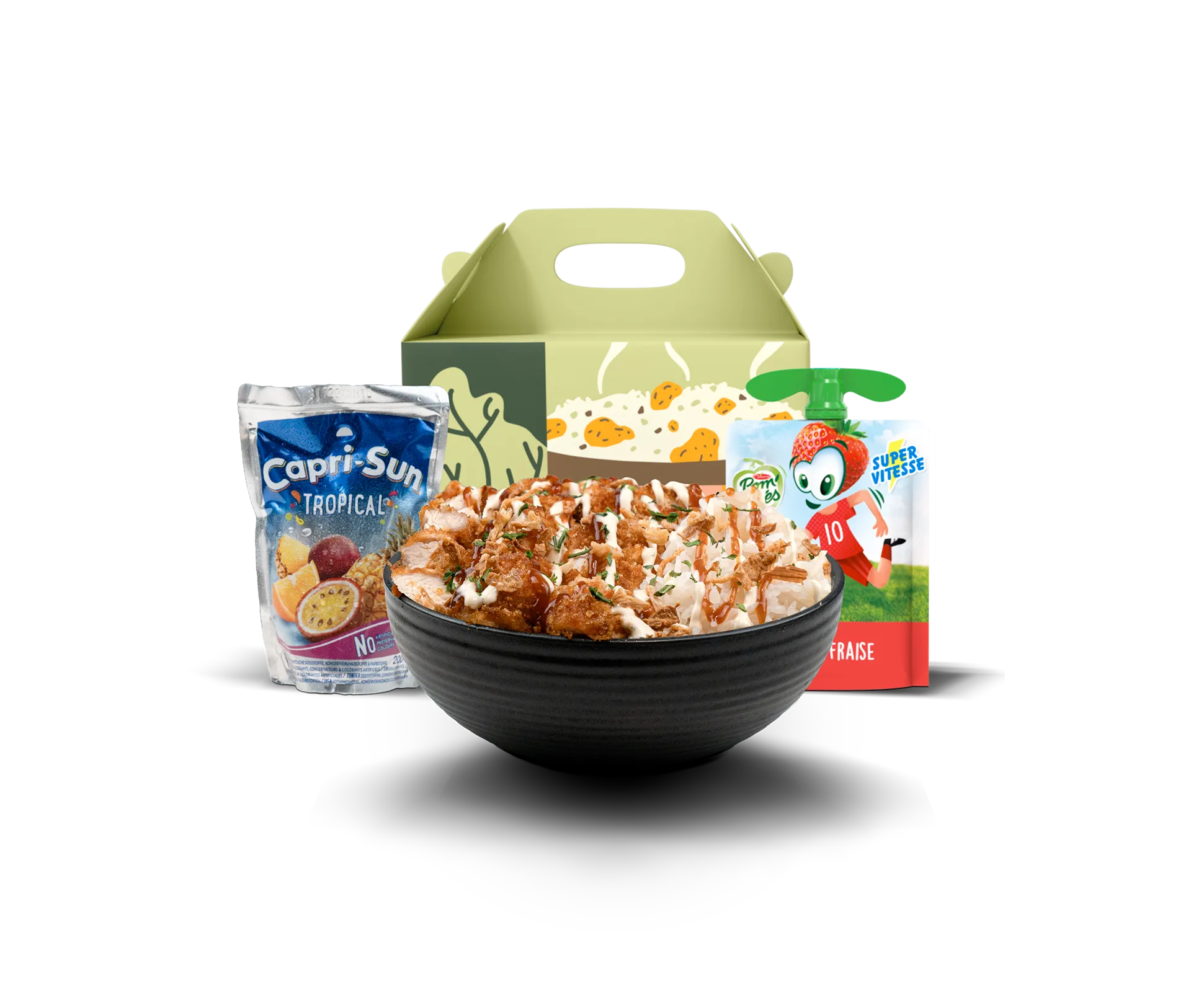 Krousty Kids — une formule adaptée aux enfants avec Krousty croustillant, riz parfumé et boisson au choix — menu gourmand et ludique — Krousty Sabaïdi.
