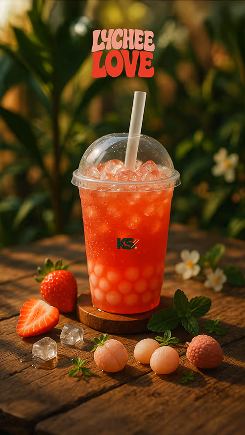 Bubble tea Lychee Love — thé au litchi, perles de tapioca, glaçons, notes florales et rafraîchissantes — Krousty Sabaïdi.