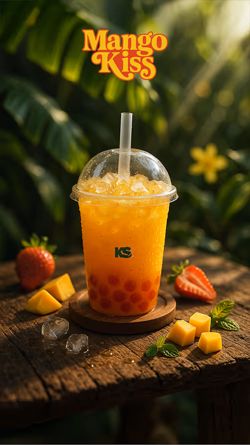 Bubble tea Mango Kiss — thé à la mangue, perles de tapioca, glaçons, saveur tropicale et onctueuse — Krousty Sabaïdi.