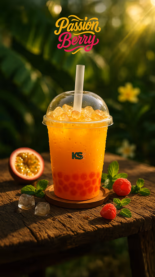 Bubble tea Passion Berry — thé fruit de la passion et fruits rouges, perles de tapioca, glaçons, saveur tropicale et acidulée — Krousty Sabaïdi.