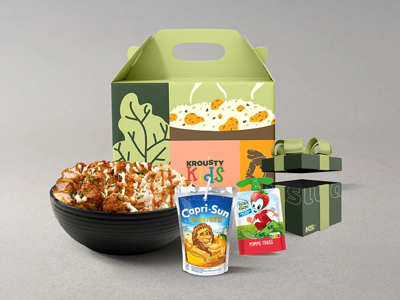Krousty Kids — une formule adaptée aux enfants avec Krousty croustillant, riz parfumé et boisson au choix — menu gourmand et ludique — Krousty Sabaïdi.