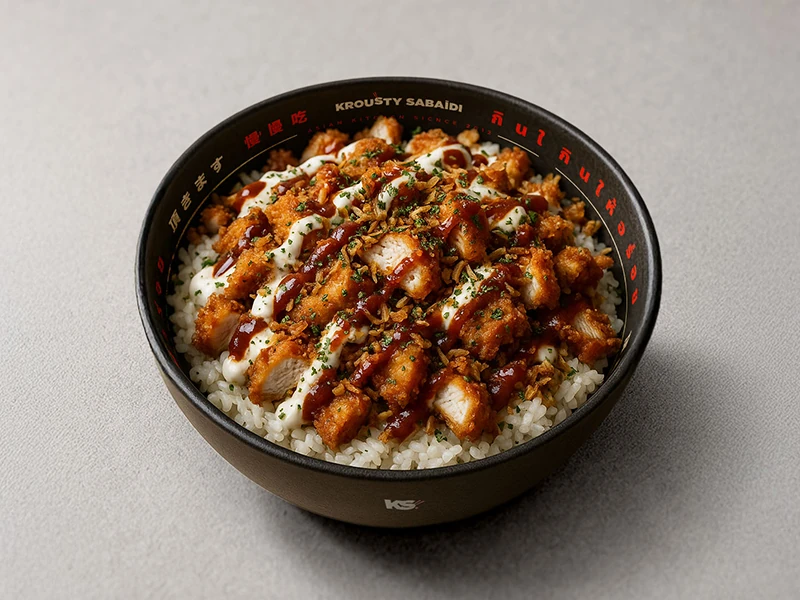 Bol de riz Krousty Sabaïdi garni de poulet croustillant, sauce PKB et sauce blanche, plat signature de la marque asiatique.