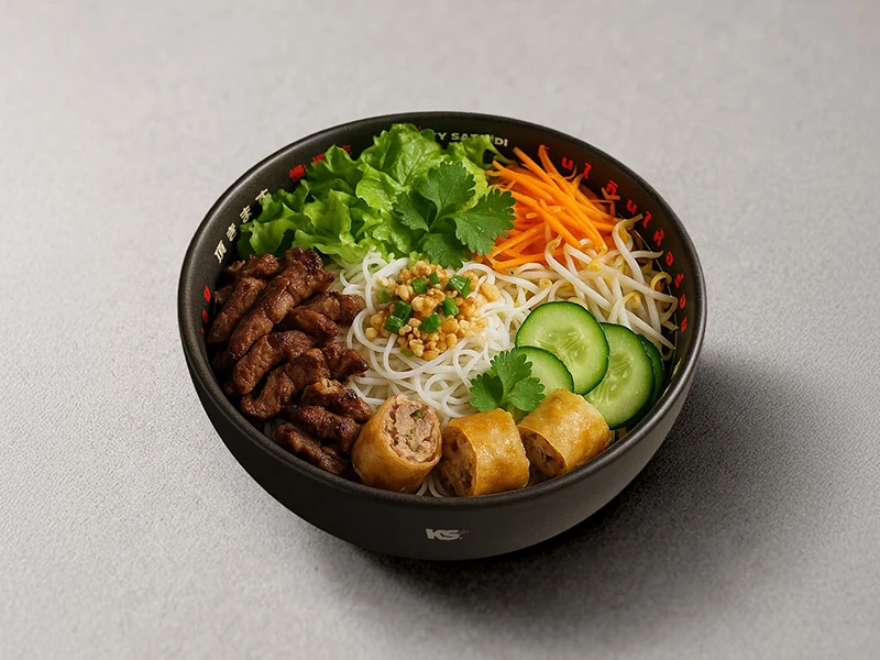 Bobün thaïlandais — vermicelles de riz, bœuf sauté, nems croustillants, herbes fraîches, cacahuètes et sauce — Krousty Sabaïdi.