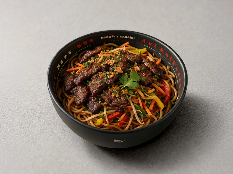 Mee Pad au wok — nouilles sautées thaïlandaises avec légumes croquants, œuf et sauce soja — photo de plat asiatique.