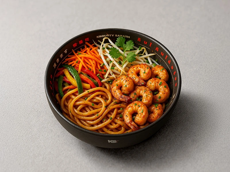 Udon sautés au wok — nouilles japonaises épaisses avec légumes croquants et sauce soja — Krousty Sabaïdi.