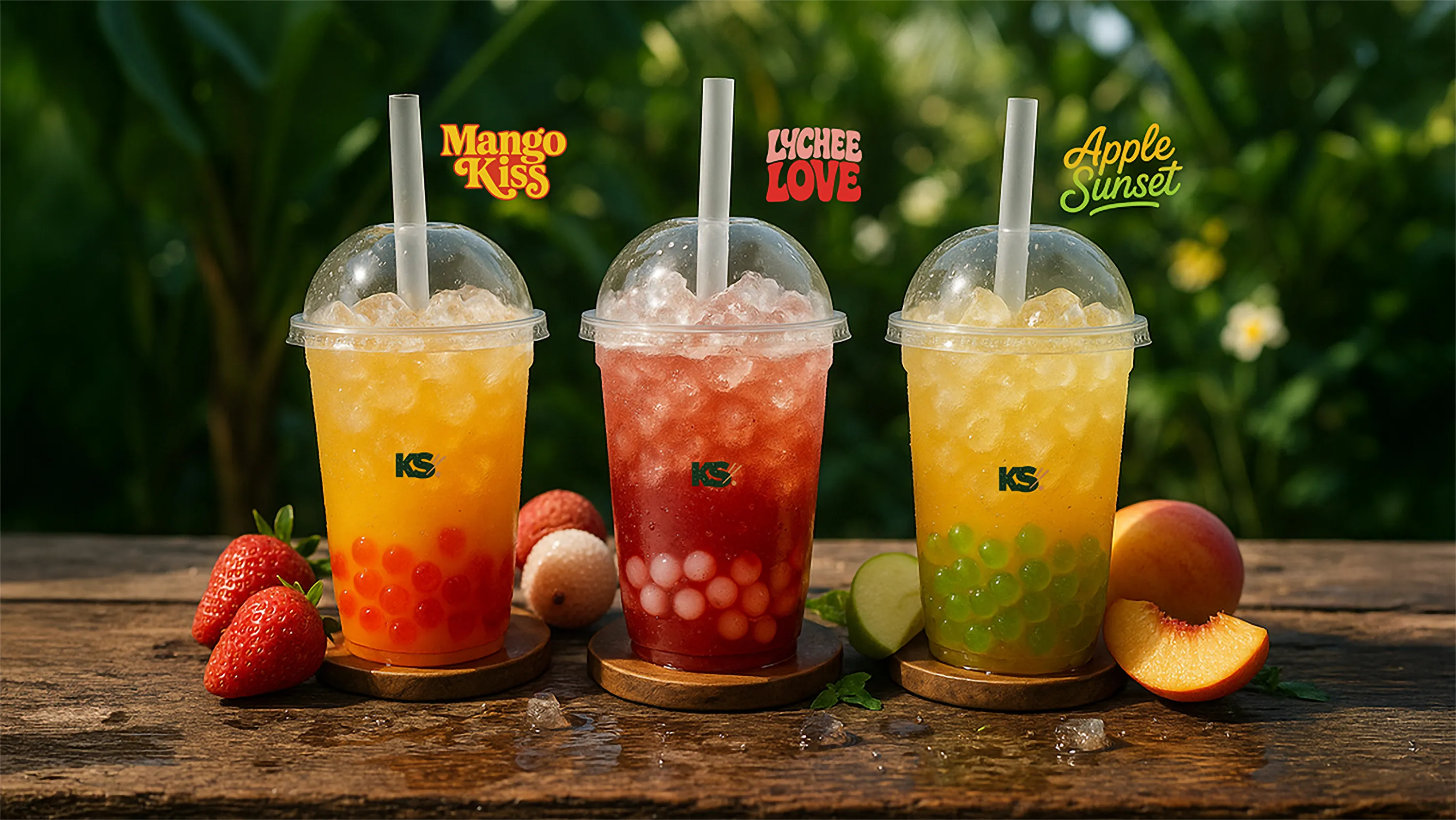 Trois bubble tea aux saveurs Mango Kiss, Lychee Love et Apple Sunset avec fruits frais Krousty Sabaïdi.