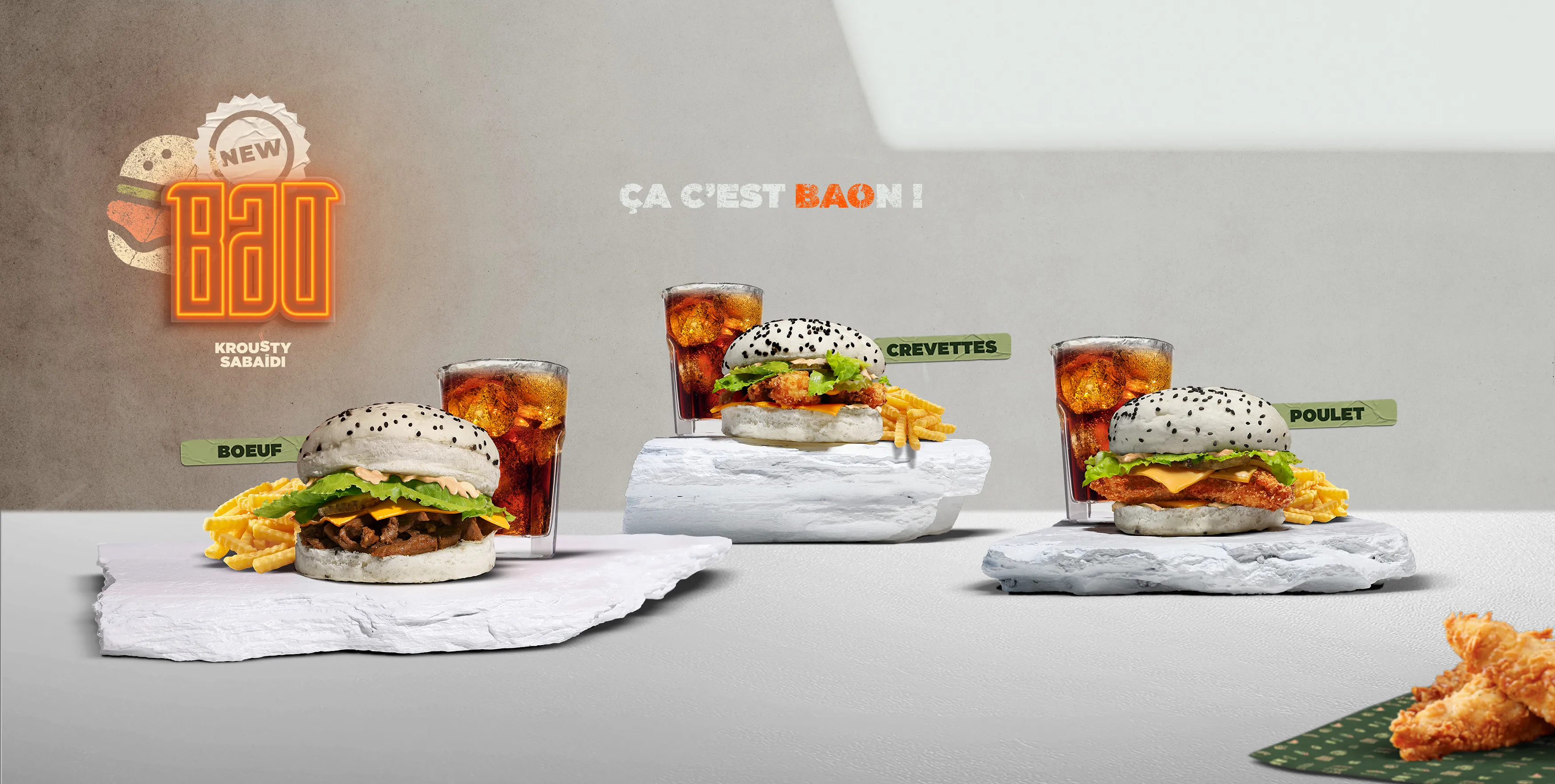 Menu Krousty Sabaïdi : baos boeuf, crevettes et poulet.