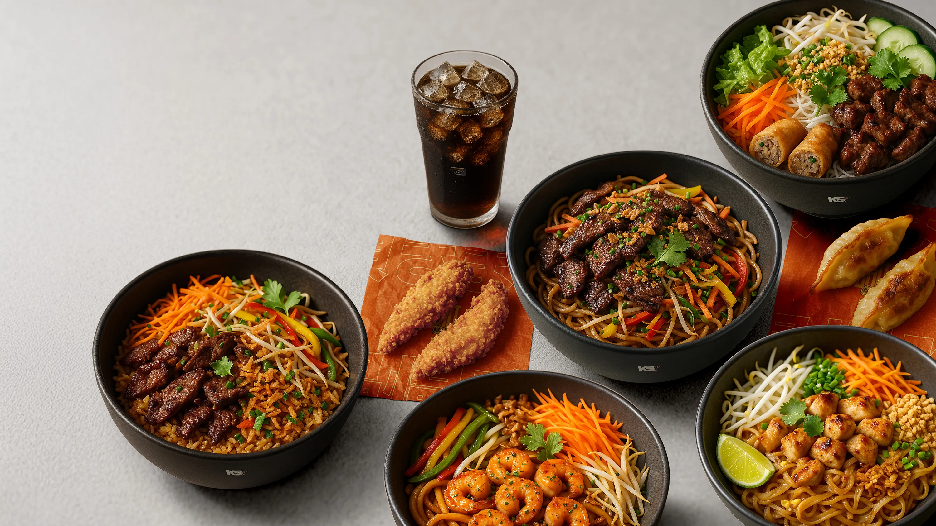 Repas asiatique complet avec bols de nouilles, viande grillée, crevettes, nems et boisson cola.