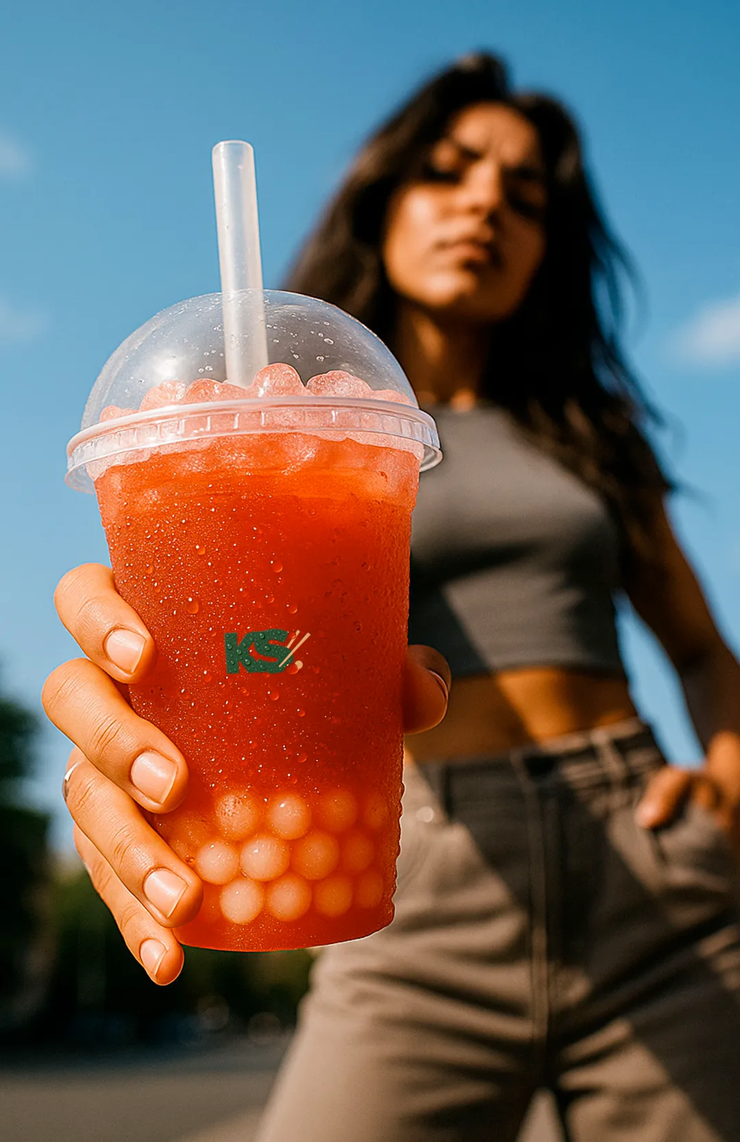 Femme tenant une boisson bubble tea rouge avec perles de tapioca dans un gobelet transparent avec paille, logo Krousty Sabaïdi visible, ciel bleu en arrière-plan.