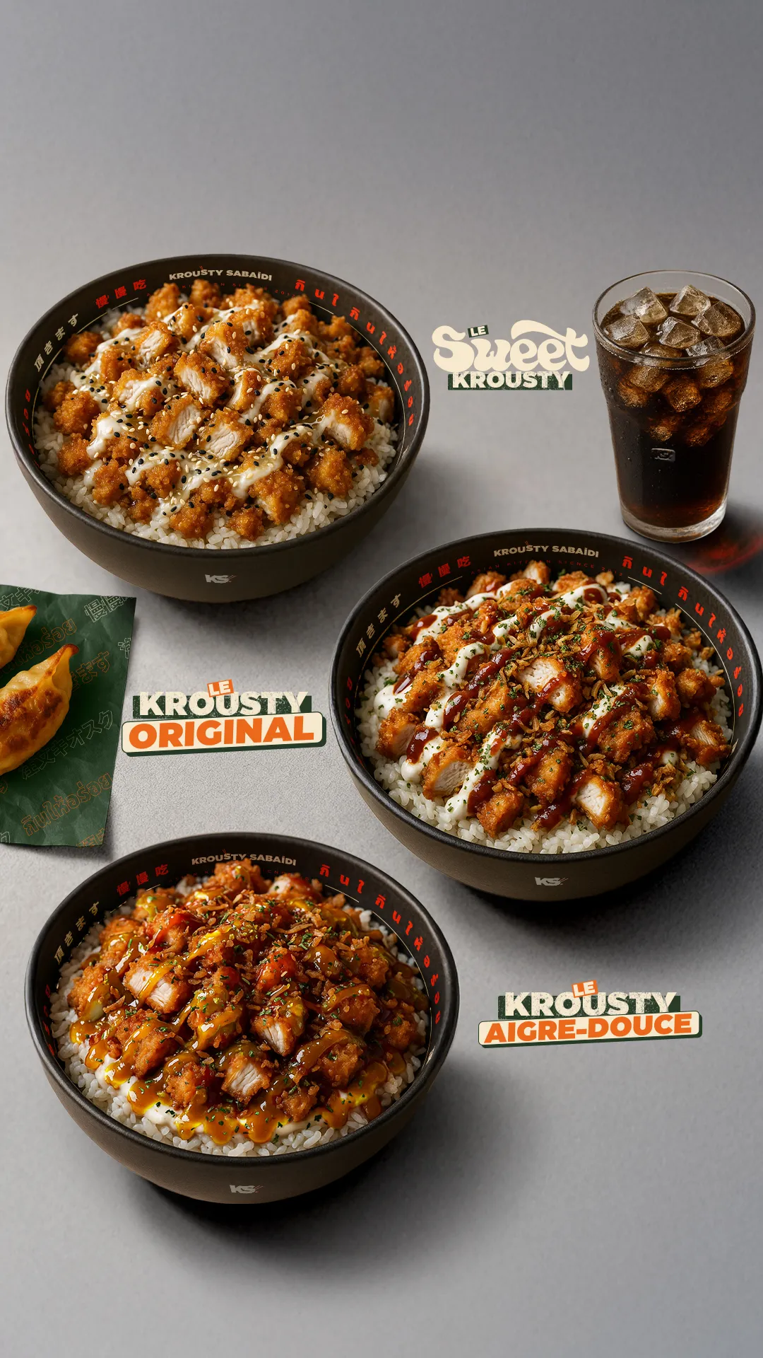 Bannière du site Krousty Sabaïdi présentant des plats asiatiques modernes et gourmands.