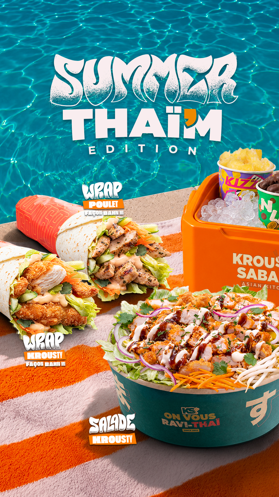 Assortiment de plats asiatiques Krousty Sabaïdi : nouilles au bœuf, crevettes et légumes.