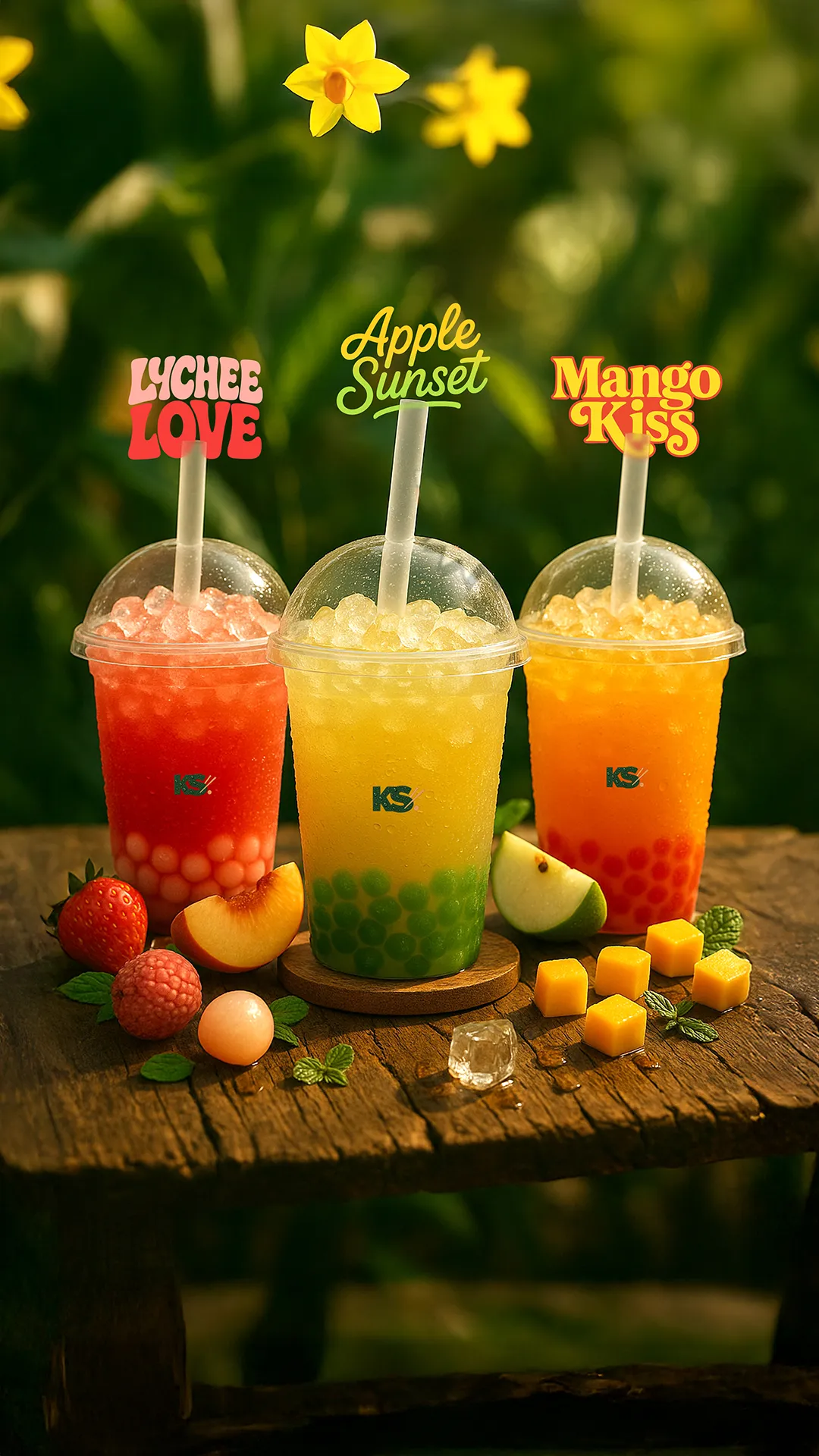Trois bubble tea colorés Lychee Love, Apple Sunset et Mango Kiss chez Krousty Sabaïdi.