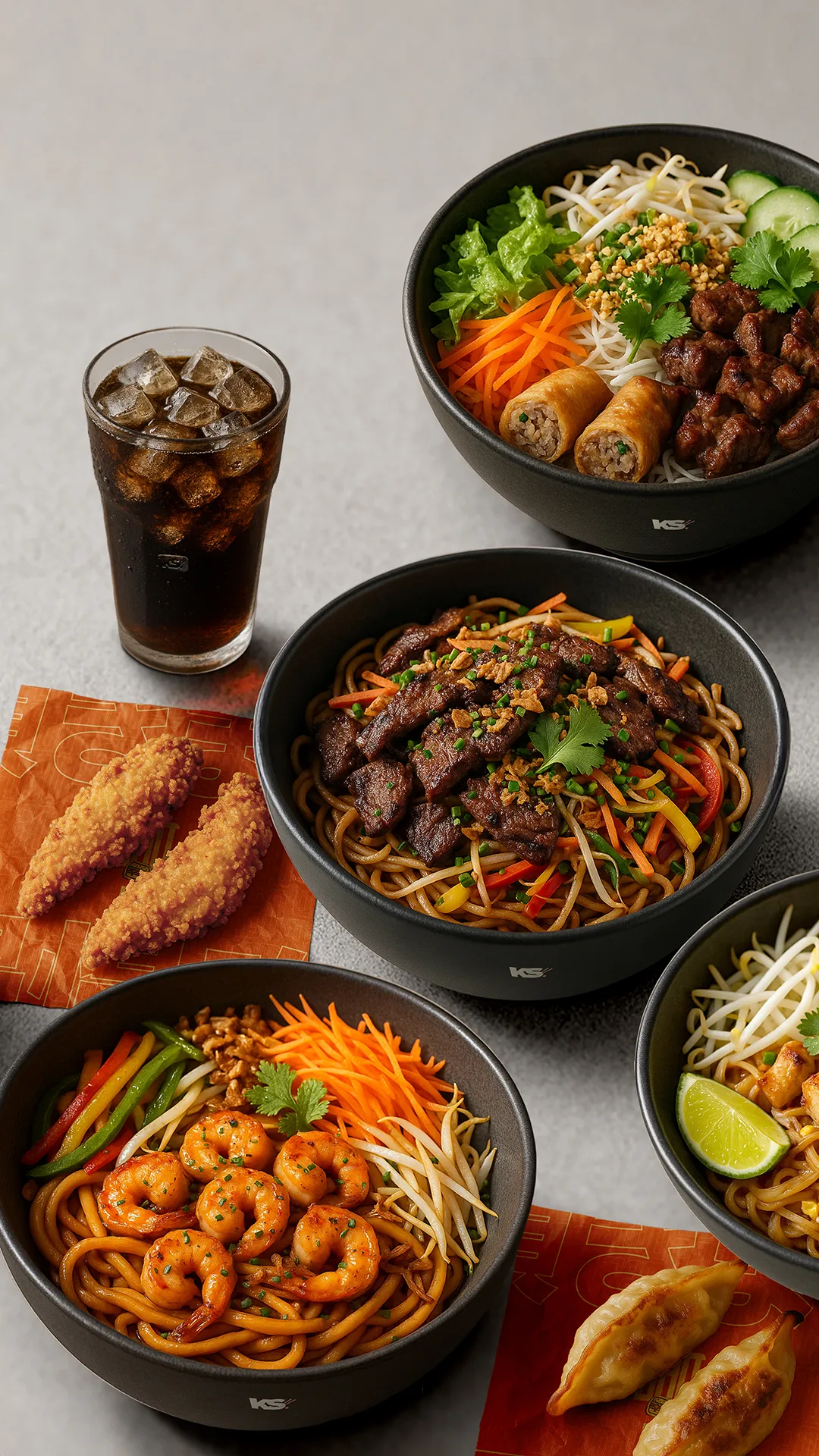 Assortiment de plats asiatiques Krousty Sabaïdi : nouilles au bœuf, crevettes et légumes.