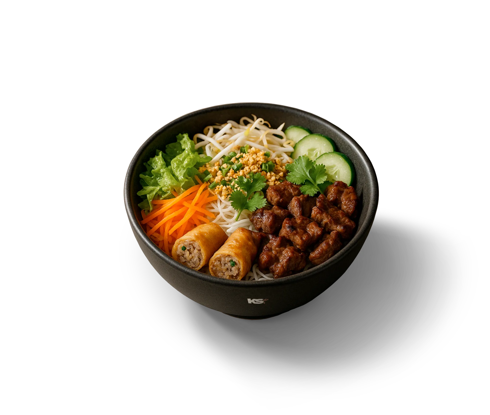 Bobün thaïlandais — vermicelles de riz, bœuf sauté, nems croustillants, herbes fraîches, cacahuètes et sauce — Krousty Sabaïdi.